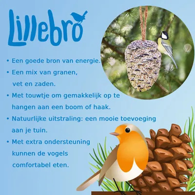Lillebro. Een goede bron van energie. Een mix van granen, vet en zaden. Met touwtje om gemakkelijk op te hangen aan een boom of haak. Natuurlijke uitstraling: mooie toevoeging tuin.