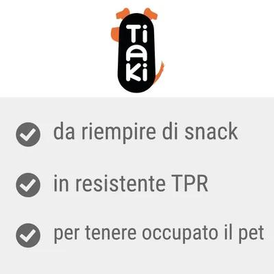 Tiaki. Da riempire di snack, in resistente TPR, per tenere occupato il pet.