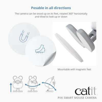 Kameraet kan justeres i alle retninger, kan opstilles, drejes 360° og vippes. Montering med magnetfødder er mulig. Mærke: catit PIXI Smart Mouse Camera. Kameraet kan justeres i alle retninger, kan opstilles, drejes 360° og vippes. Montering med magnetfødder er mulig. Mærke: catit PIXI Smart Mouse Camera.