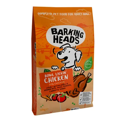 Barking Heads Bowl Lickin' Chicken, complete pet food for adult dogs with 51% chicken, brown rice, peas, tomato, carrot and herbs. Made with natural ingredients. 12kg bag.