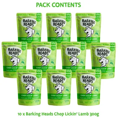 Pack contents: 10 pouches of Barking Heads Chop Lickin’ Lamb, each 300g, labelled as fresh lamb with garden veg and herbs, for adults. 85% lamb content shown on packaging.