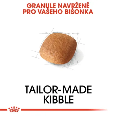 Granule navržené pro vašeho bisonka. TAILOR-MADE KIBBLE. Zobrazení jedné granule s technickým náčrtem.