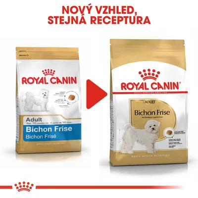 Porovnání starého a nového obalu krmiva Royal Canin Adult Bichon Frise s textem: Nový vzhled, stejná receptura.