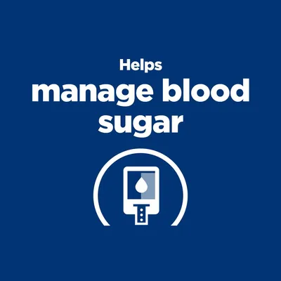 Helps manage blood sugar felirat angolul, alatta vércukorszintmérő ikon fehér alapon kék háttéren. A szöveg magyar fordítása nincs feltüntetve.