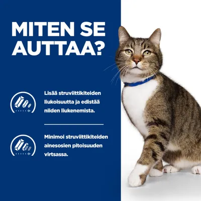 MITEN SE AUTTAA? Lisää struviittikiteiden liukoisuutta ja edistää niiden liukenemista. Minimoi struviittikiteiden ainesosien pitoisuuden virtsassa. Kuvassa kissa sinisellä pannalla.