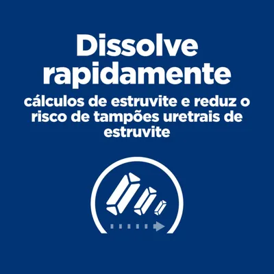Dissolve rapidamente cálculos de estruvite e reduz o risco de tampões uretrais de estruvite