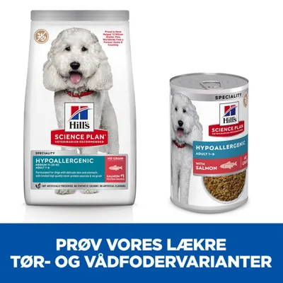 Hill's Science Plan Speciality Hypoallergenic hundefoder, tørfoder og vådfoder med laks, tekst: PRØV VORES LÆKRE TØR- OG VÅDFODERVARIANTER