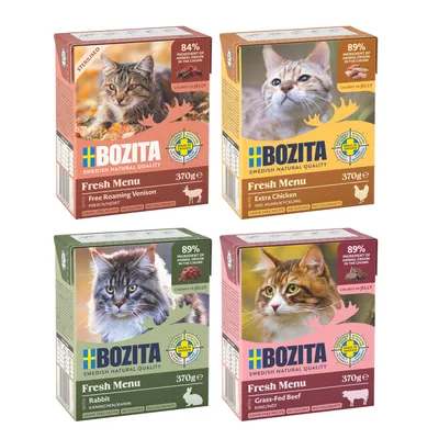 Bozita Fresh Menu nourriture pour chats en gelée, variétés : cerf, poulet, lapin, bœuf. 370g. Sans céréales, sans sucre ni colorants. Qualité suédoise.