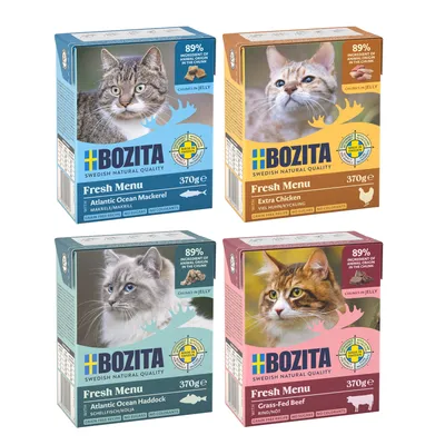 Bozita Fresh Menu nourriture pour chats en gelée, variétés : maquereau de l’Atlantique, poulet extra, églefin, bœuf nourri à l’herbe. Pack de 370g, 89% ingrédients animaux, sans céréales, sans sucre ni colorants.