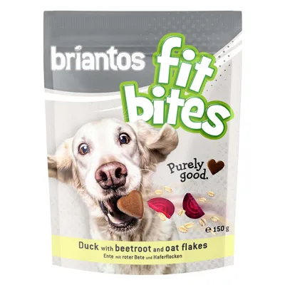 Briantos fit bites, Purely good. Duck with beetroot and oat flakes, 150 g. Na obale pes s maškrtou v tvare srdca, obrázky cvikly a ovsených vločiek.