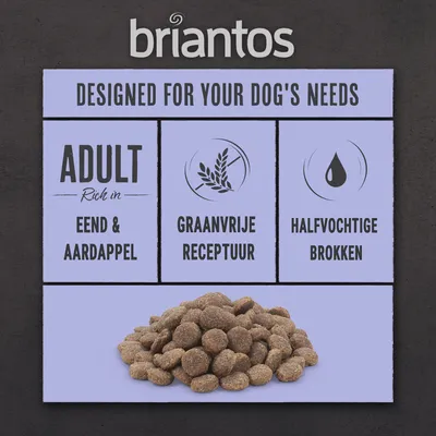 briantos, Designed for your dog's needs, ADULT Rich in EEND & AARDAPPEL, GRAANVRIJE RECEPTUUR, HALFVOCHTIGE BROKKEN, zobrazené granule. Text v nizozemštině.