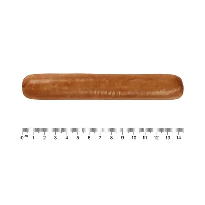 Slika izdelka: rjava klobasa z merilom spodaj, dolžina približno 14 cm.