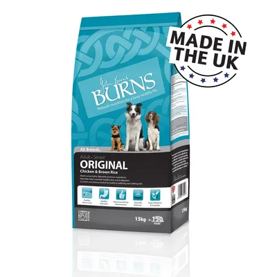 Burns Adult Senior Original Chicken & Brown Rice hundefoder, 15 kg pose med tre hunde på forsiden. Tekst: Made in the UK. Ikoner for sund hud, fordøjelse, anbefalet, naturlig, hypoallergen.