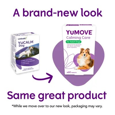 Product packaging change from YuCALM Dog to YUMOVE Calming Care for Adult Dogs. Same product, new look. Note: Packaging may vary during transition.