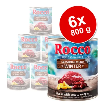 Rocco Seasonal Menu Winter, hanhea ja perunalohkoja. 6 x 800 g säilykepakkaus. Teksti: Goose with potato wedges.