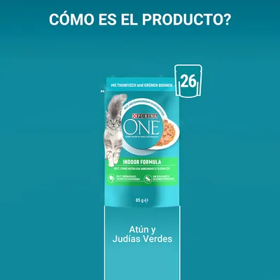 Purina ONE Indoor Formula, 85 g, atún y judías verdes. Texto visible: 'Mit Thunfisch und grünen Bohnen', 'Atún y Judías Verdes', icono con número 26.