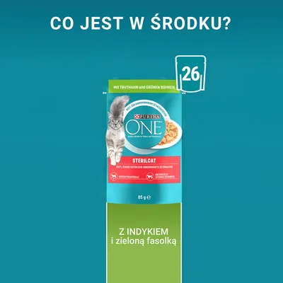 Purina ONE Sterilcat, 85 g, z indykiem i zieloną fasolką. Na opakowaniu kot, widoczny napis: CO JEST W ŚRODKU? oraz liczba 26 w ikonie saszetki.
