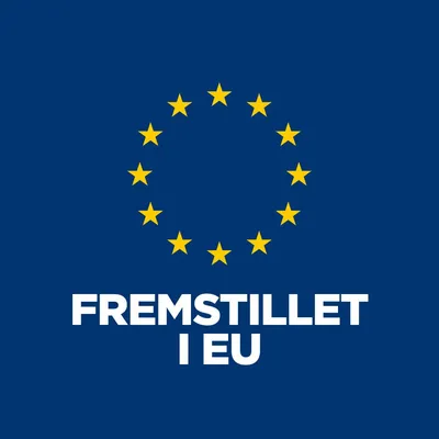 FREMSTILLET I EU med 12 gule stjerner i cirkel på blå baggrund. Tekst og symbol indikerer europæisk produktion.