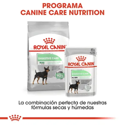 Royal Canin Digestive Care MINI pienso seco y Digestive Care ALL SIZES comida húmeda para perros. Texto: Programa Canine Care Nutrition. La combinación perfecta de fórmulas secas y húmedas.