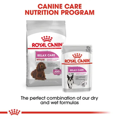 Royal Canin Relax Care dry and wet dog food packaging, visible text: 'CANINE CARE NUTRITION PROGRAM', 'RELAX CARE', 'MEDIUM', '+44% normal behaviour', 'ALL SIZES', 85g pouch.