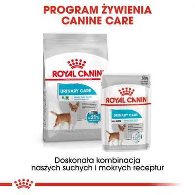 Royal Canin Urinary Care Mini karma sucha i mokra dla psów, opakowania z psem, tekst: Doskonała kombinacja naszych suchych i mokrych receptur, 85 g, +21% urine dilution