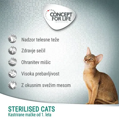 CONCEPT FOR LIFE. Nadzor telesne teže, zdravje sečil, ohranitev mišic, visoka prebavljivost, z okusnim svežim mesom. STERILISED CATS, kastrirane mačke od 1. leta.