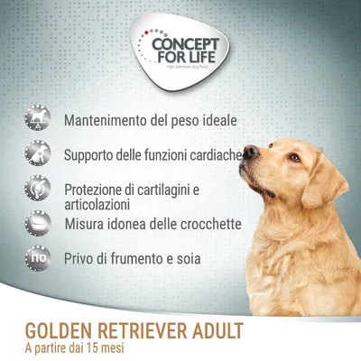 Concept for Life Golden Retriever Adult, a partire dai 15 mesi. Mantenimento del peso ideale, supporto funzioni cardiache, protezione cartilagini e articolazioni, privo di frumento e soia.
