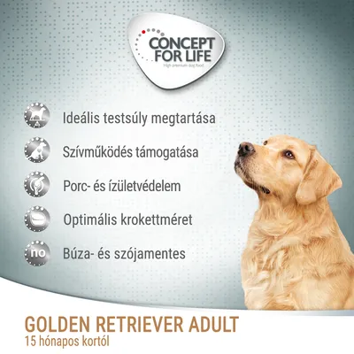 Concept for Life Golden Retriever Adult 15 hónapos kortól. Ideális testsúly megtartása, szívműködés támogatása, porc- és ízületvédelem, optimális krokettméret, búza- és szójamentes.