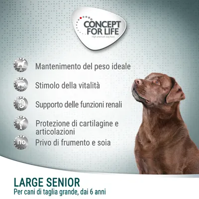 Concept for Life Large Senior, per cani di taglia grande dai 6 anni. Mantenimento peso ideale, stimolo vitalità, supporto funzioni renali, protezione articolazioni, senza frumento e soia.