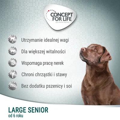 Concept for Life Large Senior od 6 roku. Utrzymanie idealnej wagi, dla większej witalności, wspomaga pracę nerek, chroni chrząstki i stawy, bez dodatku pszenicy i soi.