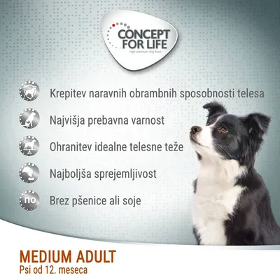Concept for Life Medium Adult. Krepitev naravnih obrambnih sposobnosti, najvišja prebavna varnost, ohranitev idealne teže, najboljša sprejemljivost, brez pšenice ali soje. Psi od 12. meseca.