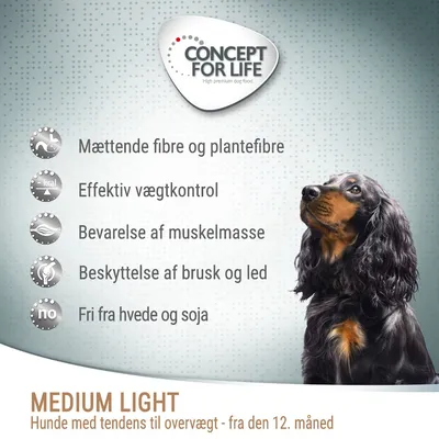 CONCEPT FOR LIFE. Mættende fibre og plantefibre, effektiv vægtkontrol, bevaring af muskelmasse, beskyttelse af brusk og led, fri fra hvede og soja. MEDIUM LIGHT Hunde med tendens til overvægt - fra den 12. måned.