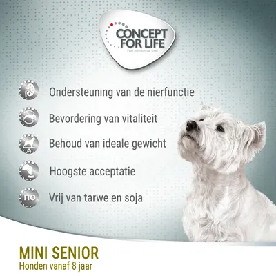 Concept for Life Mini Senior honden vanaf 8 jaar. Ondersteuning van de nierfunctie, bevordering van vitaliteit, behoud van ideaal gewicht, hoogste acceptatie, vrij van tarwe en soja.