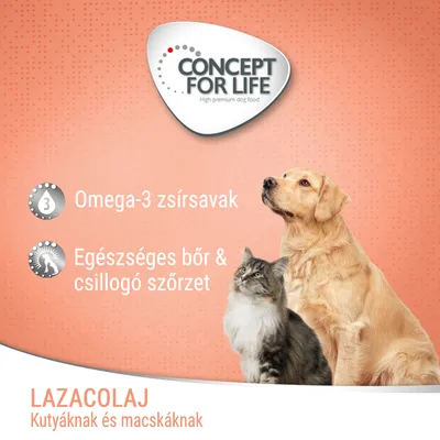 CONCEPT FOR LIFE, Omega-3 zsírsavak, Egészséges bőr & csillogó szőrzet, LAZACOLAJ Kutyáknak és macskáknak felirat, kutya és macska képe.