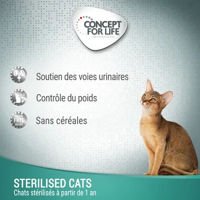 Concept for Life. Soutien des voies urinaires, contrôle du poids, sans céréales. STERILISED CATS, chats stérilisés à partir de 1 an. Chat assis à droite.