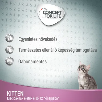 CONCEPT FOR LIFE. Egyenletes növekedés, természetes ellenálló képesség támogatása, gabonamentes. KITTEN kiscicáknak életük első 12 hónapjában.