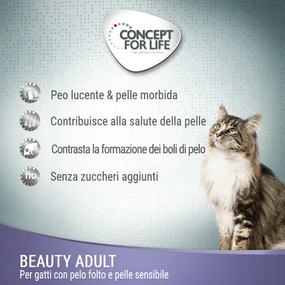 Concept for Life Beauty Adult per gatti con pelo folto e pelle sensibile. Pelo lucente, salute della pelle, contrasta boli di pelo, senza zuccheri aggiunti.