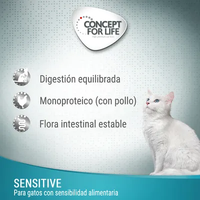 Concept for Life Sensitive para gatos con sensibilidad alimentaria. Digestión equilibrada, monoproteico (con pollo), flora intestinal estable. Imagen de un gato blanco.