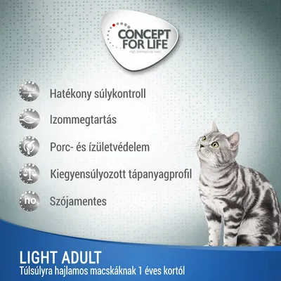 CONCEPT FOR LIFE. Hatékony súlykontroll, izommegtartás, porc- és ízületvédelem, kiegyensúlyozott tápanyagprofil, szójamentes. LIGHT ADULT Túlsúlyra hajlamos macskáknak 1 éves kortól.