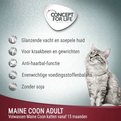 Concept for Life Maine Coon Adult. Glanzende vacht en soepele huid, voor kraakbeen en gewrichten, anti-haarbal-functie, evenwichtige voedingsstoffenbalans, zonder soja. Voor katten vanaf 15 maanden.