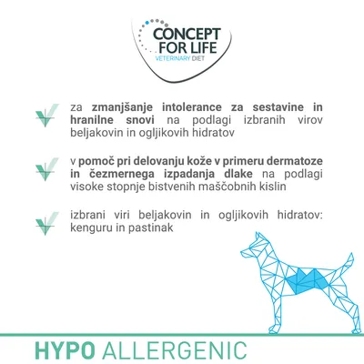 Concept for Life Veterinary Diet. Za zmanjšanje intolerance za sestavine in hranilne snovi, pomoč pri delovanju kože, izbrani viri: kenguru in pastinak. HYPO ALLERGENIC.