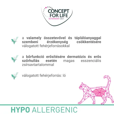CONCEPT FOR LIFE VETERINARY DIET, HYPO ALLERGENIC. Érzékenység csökkentése válogatott fehérjeforrásokkal, bőr funkció erősítése, fő fehérjeforrás: ló.