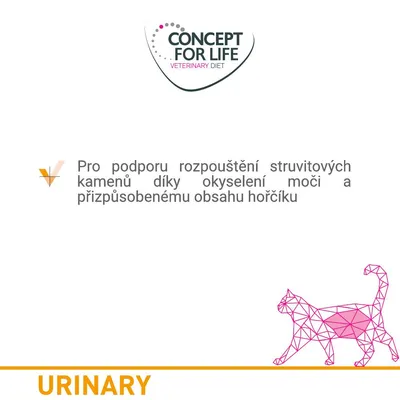 CONCEPT FOR LIFE VETERINARY DIET. Pro podporu rozpouštění struvitových kamenů díky okyselení moči a přizpůsobenému obsahu hořčíku. URINARY.