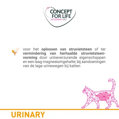 Concept for Life Veterinary Diet. Voor het oplossen van struvietsteen of vermindering van herhaalde struvietsteenvorming bij katten; urineverzurende eigenschappen, laag magnesiumgehalte. URINARY.