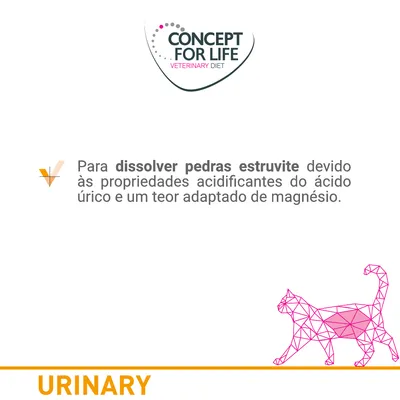 Concept for Life Veterinary Diet. Para dissolver pedras estruvite devido às propriedades acidificantes do ácido úrico e um teor adaptado de magnésio. URINARY.