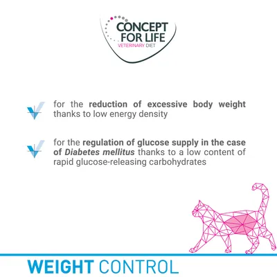 CONCEPT FOR LIFE VETERINARY DIET. Weight Control. Za smanjenje prekomjerne tjelesne težine i regulaciju opskrbe glukozom kod dijabetesa melitusa. Tekst na engleskom jeziku.