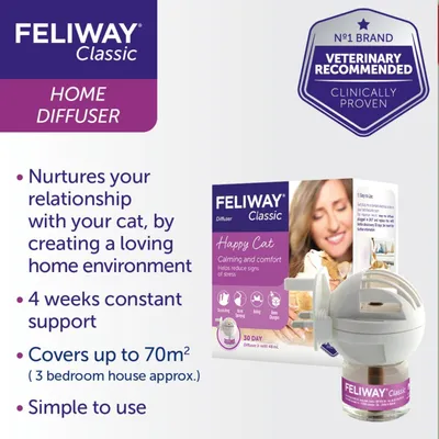 Feliway Classic Home Diffuser. Nurtures relationship with your cat, creates a loving home environment, offers 4 weeks support, covers up to 70m², simple to use, veterinary recommended.