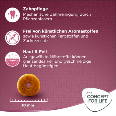Zahnpflege durch Pflanzenfasern, frei von künstlichen Aromastoffen, Farbstoffen und Zuckerzusatz. Haut & Fell: Nährstoffe für glänzendes Fell und geschmeidige Haut. Größe: 10 mm.