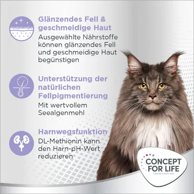 Glänzendes Fell und geschmeidige Haut durch ausgewählte Nährstoffe. Unterstützung der Fellpigmentierung mit Seealgenmehl. DL-Methionin fördert Harnwegsfunktion. Concept for Life Logo sichtbar.