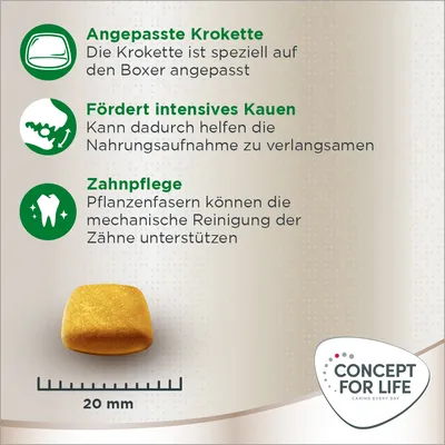 Concept for Life. Angepasste Krokette für Boxer, fördert intensives Kauen zur Verlangsamung der Nahrungsaufnahme, Pflanzenfasern unterstützen Zahnreinigung. Grösse: 20 mm.